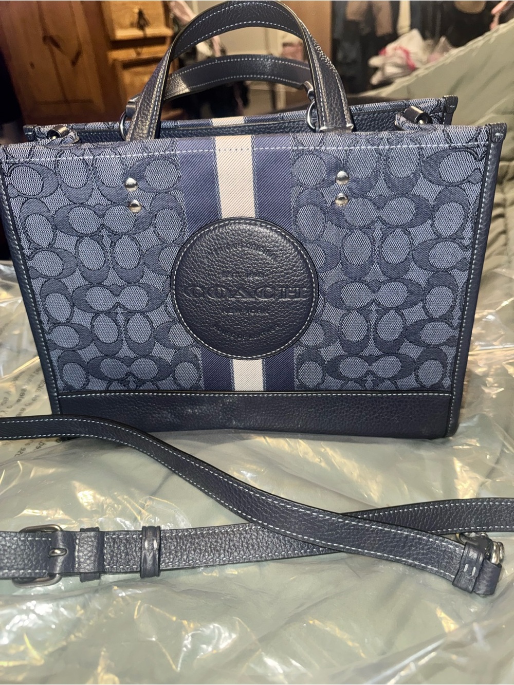 Coach Dempsey Carryall Tote In Signature Jacquard With Stripe And Patch Demin